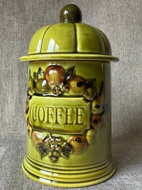 Vintage Los Angeles Potteries Ceramic Coffee Jar, Avocado Green With Fruit